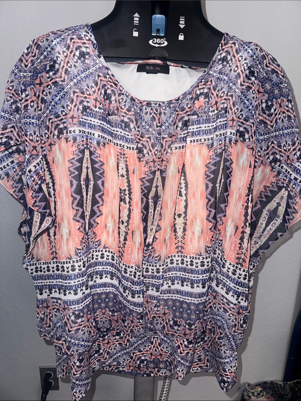 Style & Co. Coral and Navy Aztec Short Sleeve Tunic Top